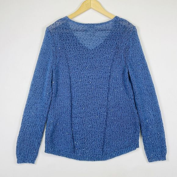 Chico's Blue Sequin Chunky Cable Knit Pullover V-Neck Sweater Womens 1 Medium 8 - Picture 4 of 5